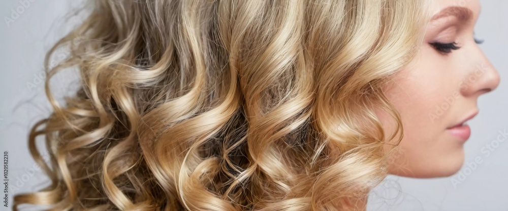 Naklejka premium Soft, luminous curls frame the face, highlighting the vibrant and healthy texture of the blond hair. The close-up captures the intricate details beautifully. Care cosmetics. Generative AI
