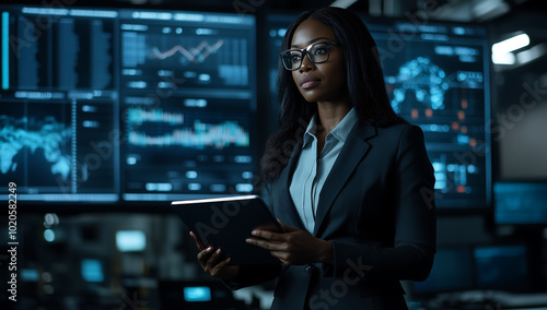 Confident Businesswoman Analyzing Stock Market Data in a High-Tech Control Room