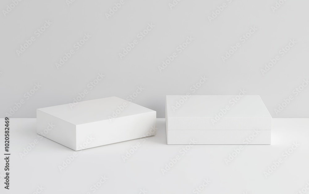 Open and closed white boxes with clean lines and sharp edges, isolated on white background, perfect for retail packaging designs, shipping, or unboxing visuals