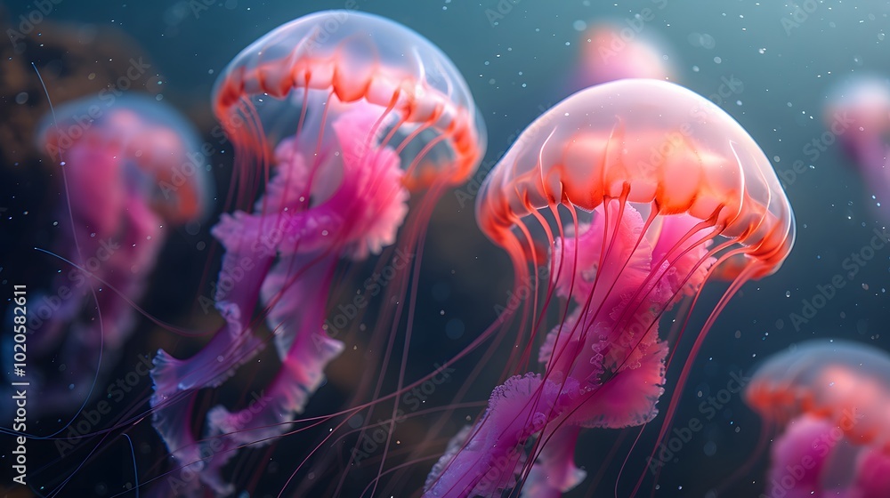 Naklejka premium Electric pink jellyfish with trailing tentacle. AI generated