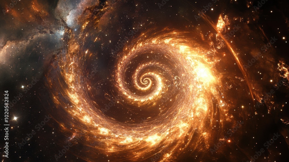 Obraz premium Cosmic scene with a glowing golden ratio spiral extending into the universe, representing the intersection of mathematics, art, and the infinite cosmos