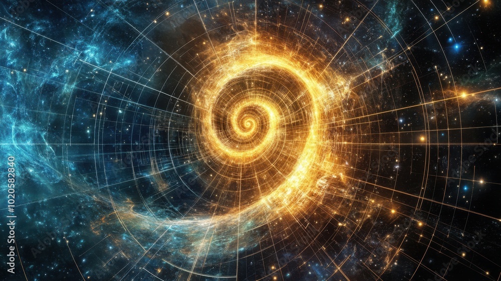 Cosmic scene with a glowing golden ratio spiral extending into the universe, representing the intersection of mathematics, art, and the infinite cosmos Cosmic scene with a glowing golden ratio spiral extending into the universe, representing the intersection of mathematics, art, and the infinite cosmos