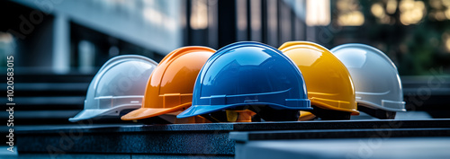 Colorful Construction Helmets Lined Up in a Row at a Modern Worksite photo