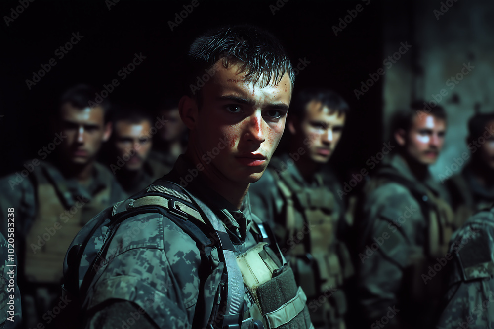 Fototapeta premium Military Soldiers in Tactical Gear Preparing for Action in a Dimly Lit Environment