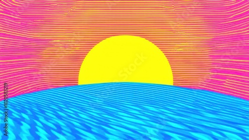 Yellow sun with wavy rays background. Poster with sunburst, sunrise or sunset in trendy 60 s 70s 80s groovy style. Preppy summer theme background. Modern psychedelic print
