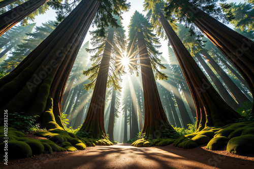 Sun shining through redwood trees in redwood national park