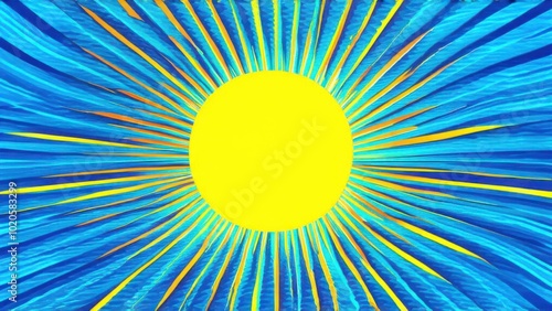 Yellow sun with wavy rays background. Poster with sunburst, sunrise or sunset in trendy 60 s 70s 80s groovy style. Preppy summer theme background. Modern psychedelic print
