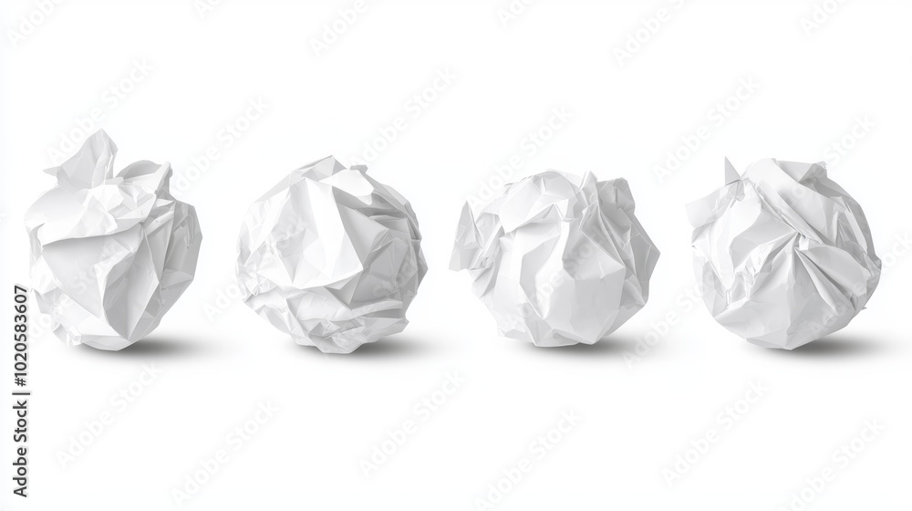 Set of four crumpled white paper balls, isolated on white background, detailed texture and wrinkles, perfect for waste management, stress, or creativity concepts Set of four crumpled white paper balls, isolated on white background, detailed texture and wrinkles, perfect for waste management, stress, or creativity concepts