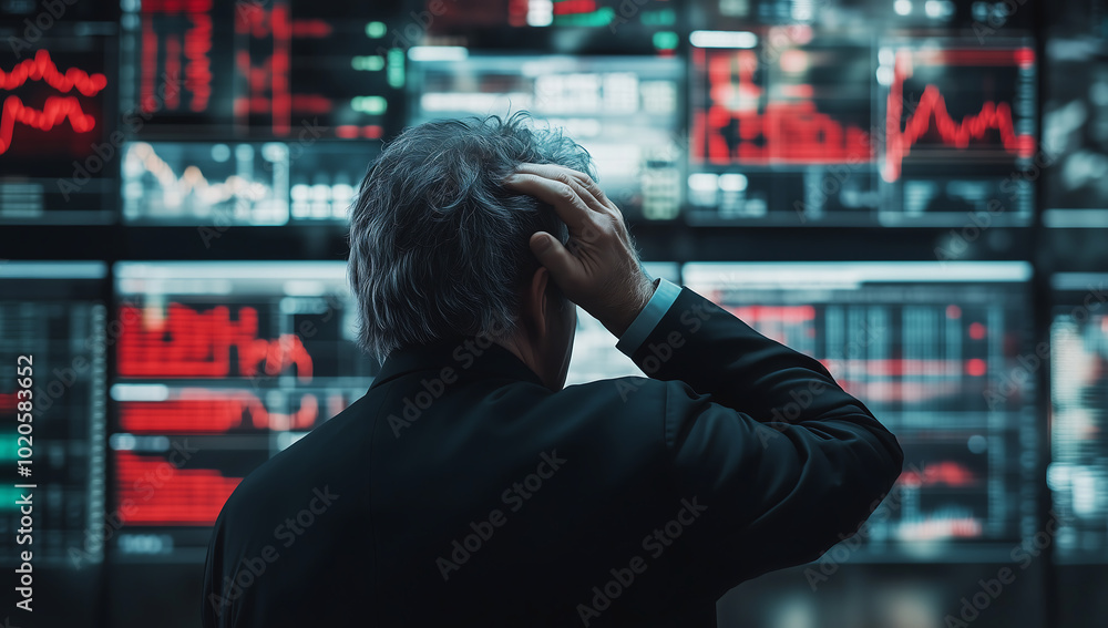 Worried Stock Market Trader Analyzing Falling Stock Prices on Multiple Screens Worried Stock Market Trader Analyzing Falling Stock Prices on Multiple Screens