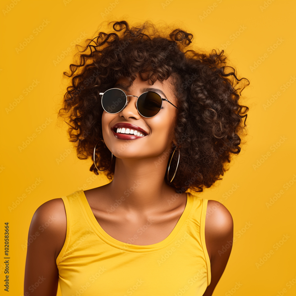 Smiling woman with curly hair wearing sunglasses against yellow background.. Smiling woman with curly hair wearing sunglasses against yellow background..