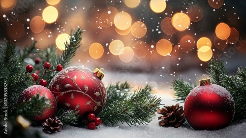 Wallpaper Mural Christmas ornaments and pine branches in snow with bokeh lights Torontodigital.ca