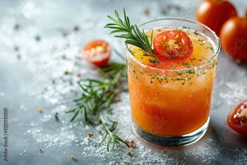 Wallpaper Mural food photography, freshly squeezed tomato juice with herbs on a light background, perfect for adding text, in a close-up shot Torontodigital.ca