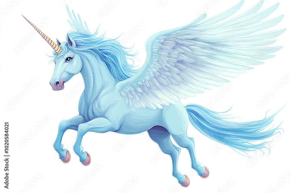 A beautiful sky blue unicorn. The large spreading wings of the unicorn are carried high into the sky. A magical and mysterious horse with wings and a horn, illustration A beautiful sky blue unicorn. The large spreading wings of the unicorn are carried high into the sky. A magical and mysterious horse with wings and a horn, illustration