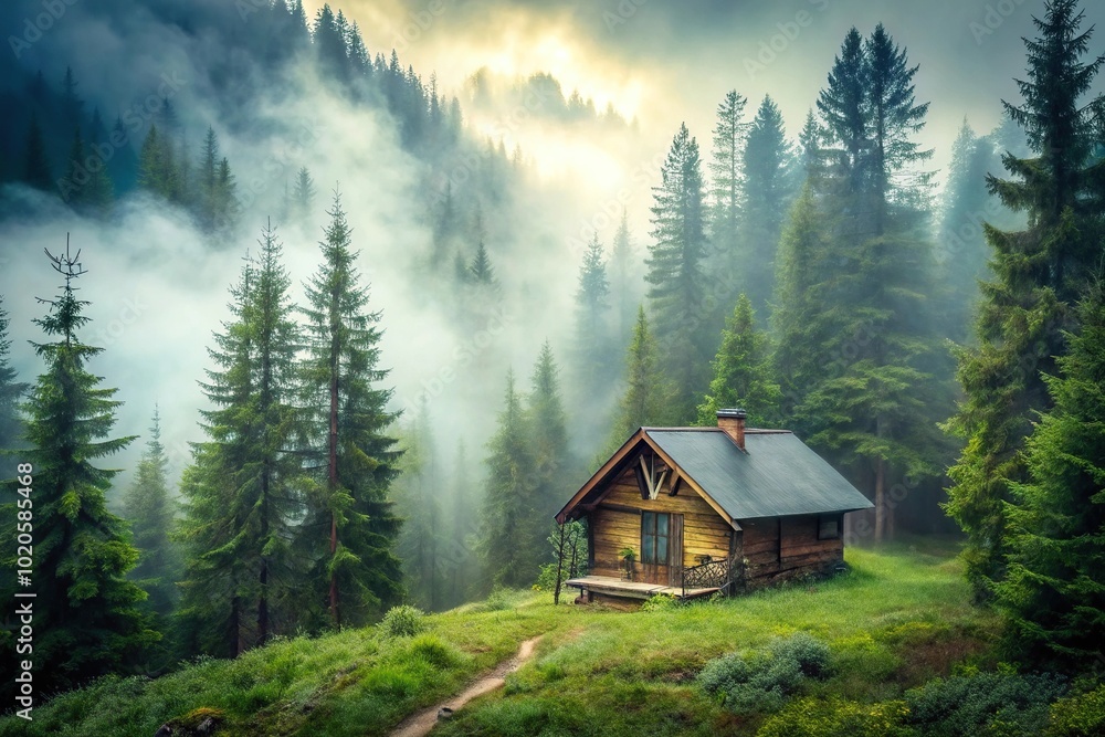 Foggy mountain forest scene with gloomy cozy cabin in point of view Foggy mountain forest scene with gloomy cozy cabin in point of view