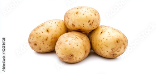 Whole raw potato with natural skin and slight imperfections, isolated on white, great for farm produce advertising, recipe blogs, or fresh food campaigns