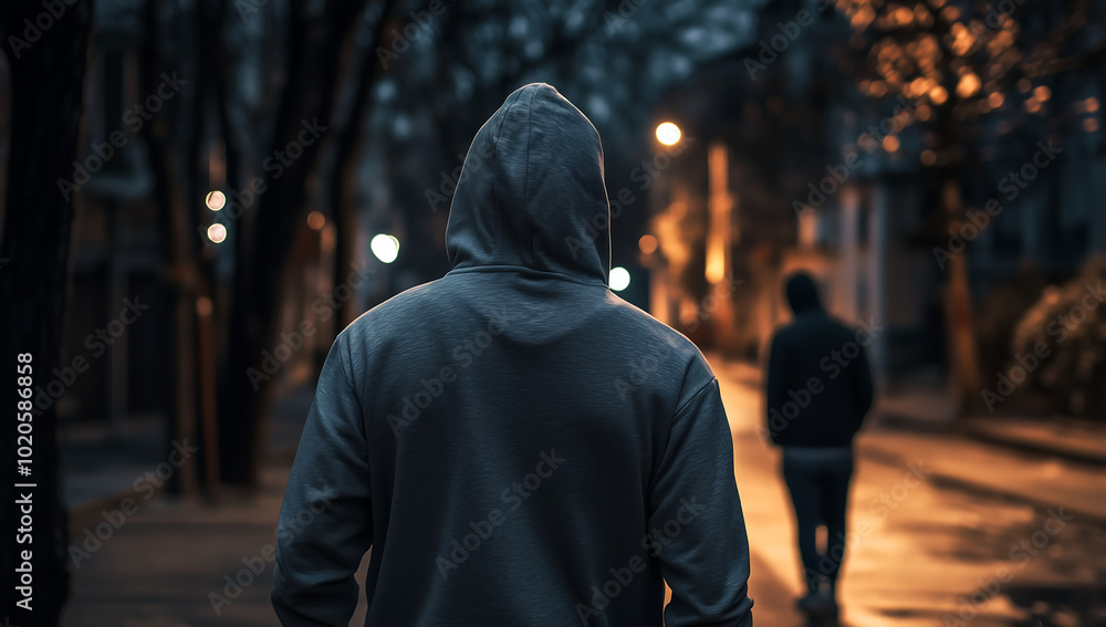Hooded Figure Walking Down a Dark Urban Street at Night, Creating a Mysterious and Suspenseful Mood Hooded Figure Walking Down a Dark Urban Street at Night, Creating a Mysterious and Suspenseful Mood