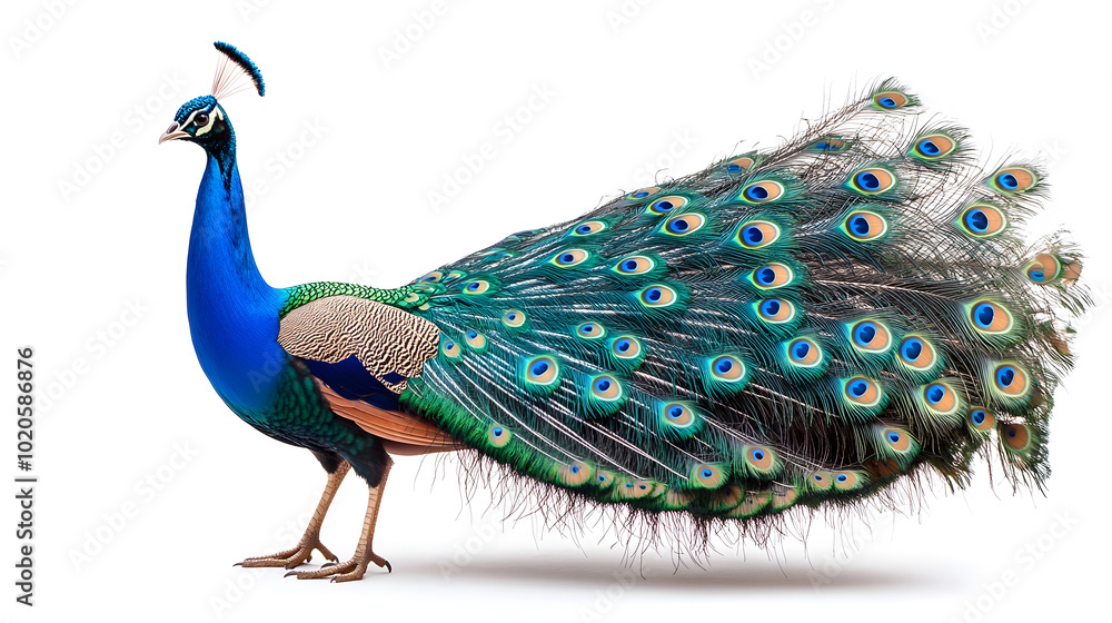 Obraz premium Majestic peacock with its vibrant and colorful feather plumage on display. The side profile of this elegant and ornamental bird showcases the intricate patterns and textures of its stunning tail.