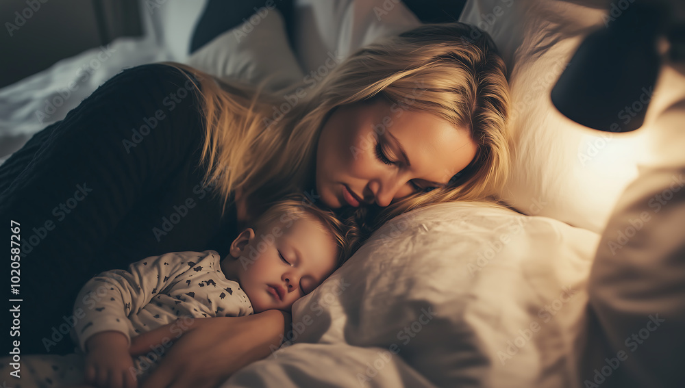 Mother and Baby Sleeping Peacefully in Bed, Embracing a Calm and Loving Bond at Night Mother and Baby Sleeping Peacefully in Bed, Embracing a Calm and Loving Bond at Night
