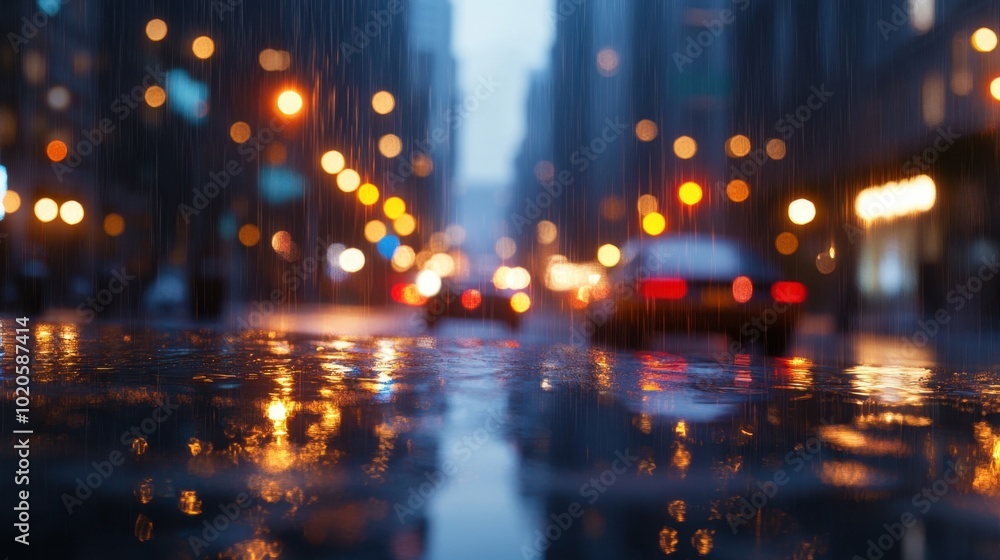 Rainy night in the city with glowing streetlights and blurred bokeh reflections on the streets, creating a moody, yet serene urban backdrop Rainy night in the city with glowing streetlights and blurred bokeh reflections on the streets, creating a moody, yet serene urban backdrop