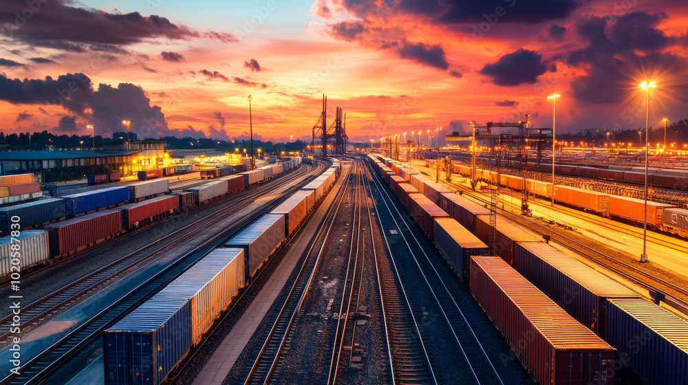 Sunset over cargo containers at a busy rail yard Sunset over cargo containers at a busy rail yard