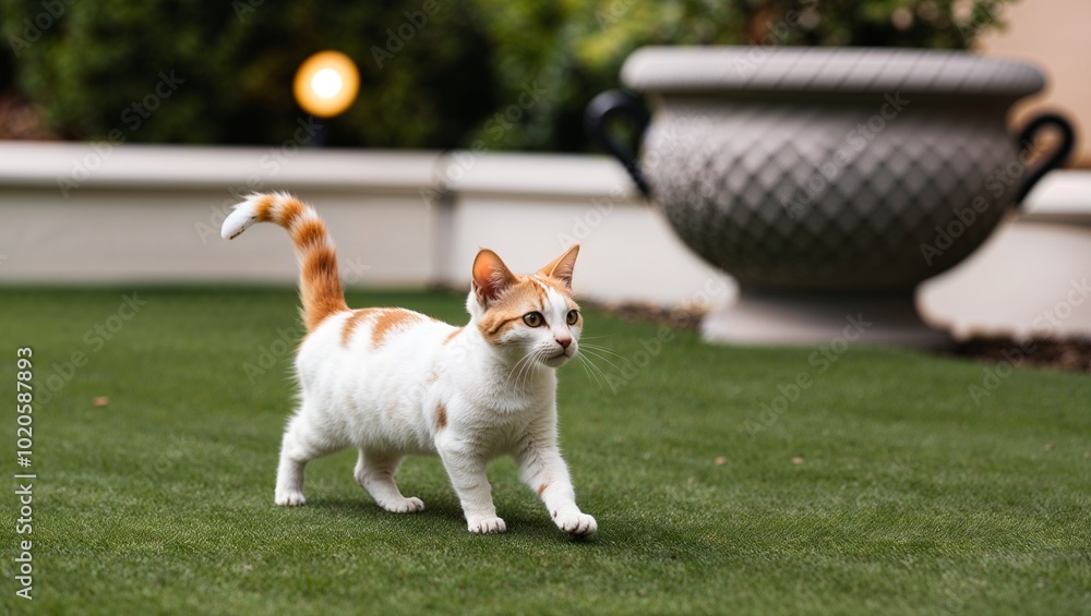 white and orange tabby cat walking on a lush green lawn white and orange tabby cat walking on a lush green lawn