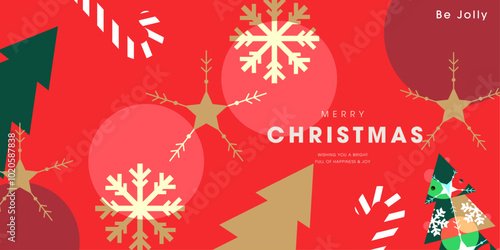Merry Christmas and Happy New Year! Abstract geometric illustration with winter, Christmas tree and snowflakes. Xmas design for greeting card, poster, background or holiday cover.