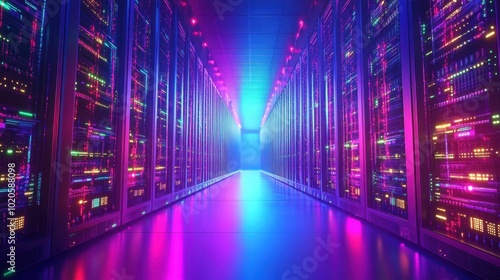 Rows of servers with brightly lit fiber optic cables connecting them, symbolizing fast internet, networking, and modern tech infrastructure