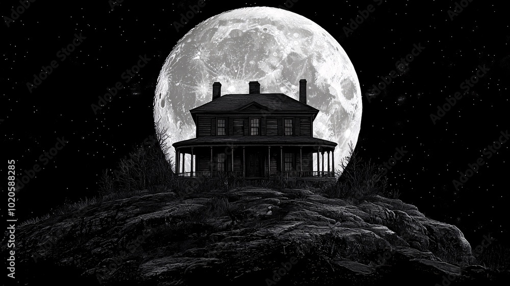 Naklejka premium Eerie Haunted House Silhouetted Against Full Moon - Gothic Digital Wallpaper for Halloween Ambiance