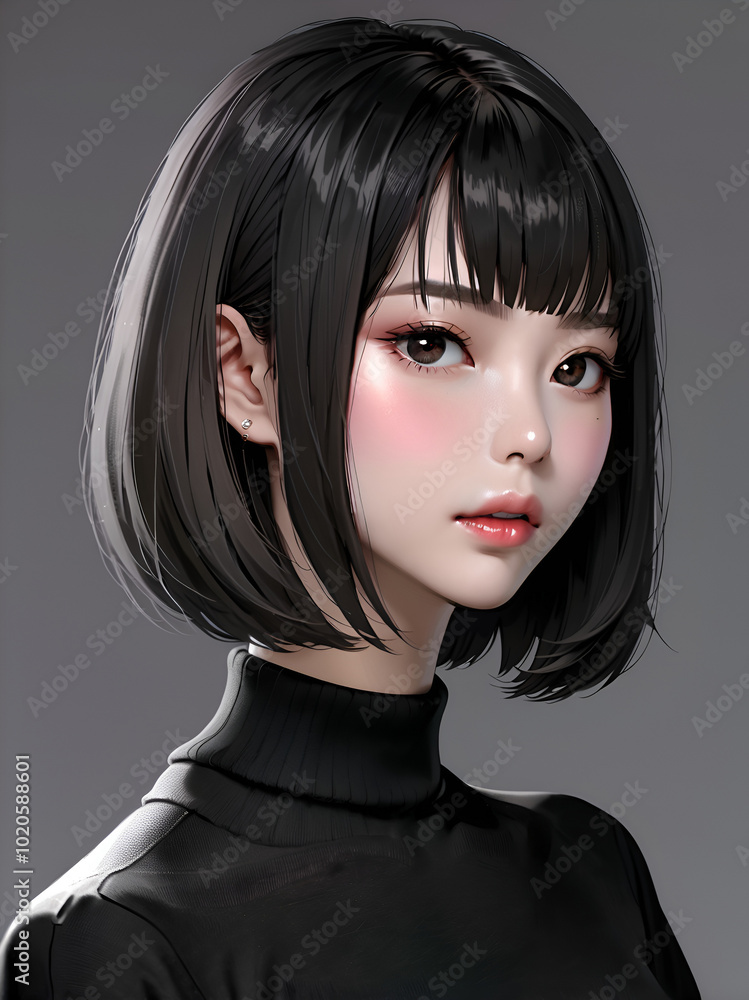 3D animated female character with black hair and pink accents, wearing a black top 3D animated female character with black hair and pink accents, wearing a black top