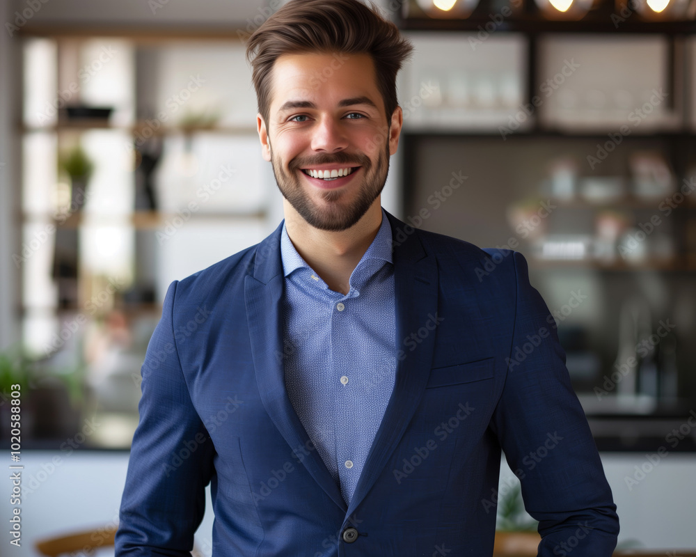 Professional Businessman Smiling in Office Environment - Confident Young Male in Formal Wear for Corporate Success Professional Businessman Smiling in Office Environment - Confident Young Male in Formal Wear for Corporate Success
