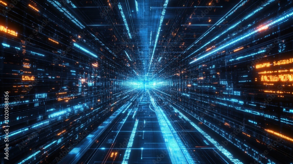 Sci-fi technology backdrop with interconnected digital streams, glowing data points, and network patterns for an abstract view of future internet business and big data Sci-fi technology backdrop with interconnected digital streams, glowing data points, and network patterns for an abstract view of future internet business and big data