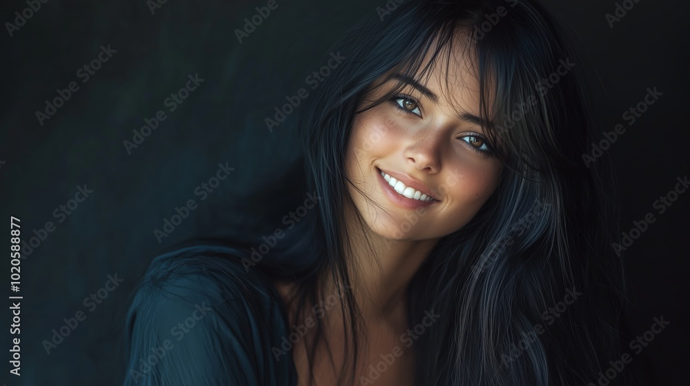 A young woman with long dark hair smiles warmly while sitting against a dark background in a cozy indoor setting A young woman with long dark hair smiles warmly while sitting against a dark background in a cozy indoor setting