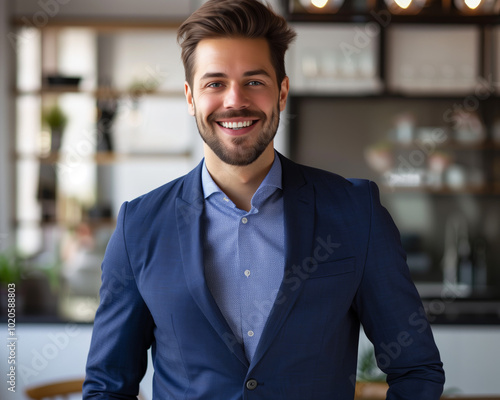 Professional Businessman Smiling in Office Environment - Confident Young Male in Formal Wear for Corporate Success