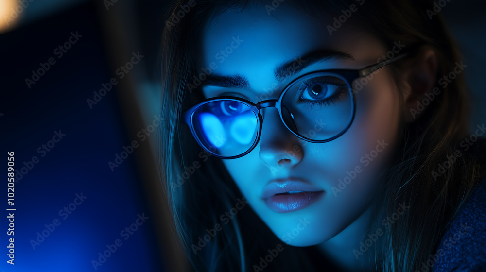 Focused Young Woman with Glasses Working on a Computer at Night, Highlighting Digital Work and Technology Focused Young Woman with Glasses Working on a Computer at Night, Highlighting Digital Work and Technology