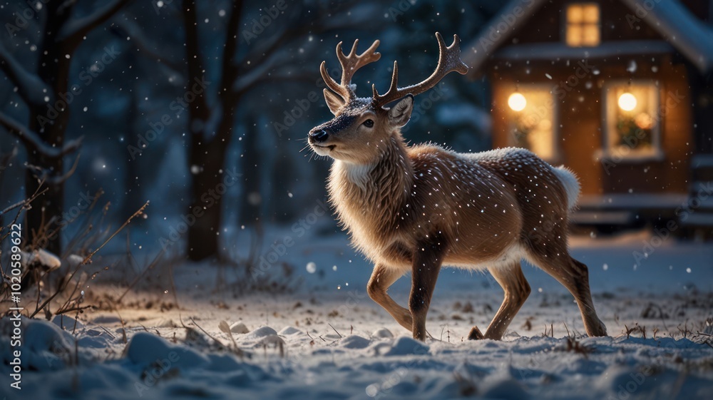 A lone deer stands in a snowy forest at night, a cozy cabin glowing in the background. A lone deer stands in a snowy forest at night, a cozy cabin glowing in the background.