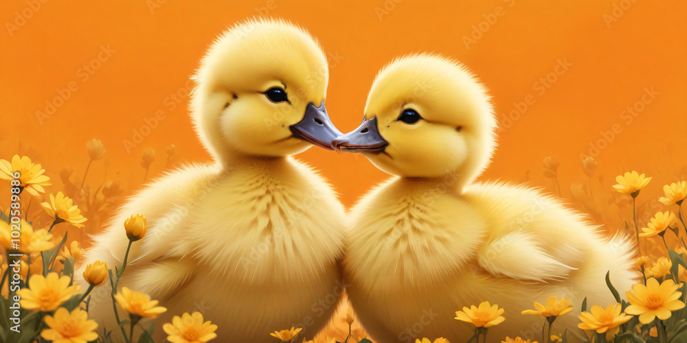 Adorable Ducklings Among Vibrant Yellow Flowers Adorable Ducklings Among Vibrant Yellow Flowers
