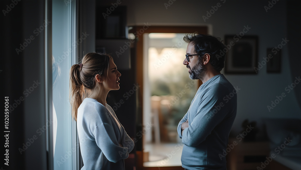Tense Conversation Between a Couple in Their Home, Capturing Relationship Dynamics and Emotional Conflict Tense Conversation Between a Couple in Their Home, Capturing Relationship Dynamics and Emotional Conflict