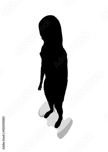 Silhouette of a girl standing on a segway made of black lines isolated on a white background. Girl riding a segway. Isometric view. Vector illustration.
