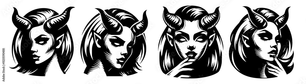 Four vector icons of a devil woman Four vector icons of a devil woman