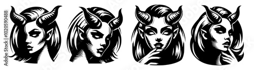 Four vector icons of a devil woman