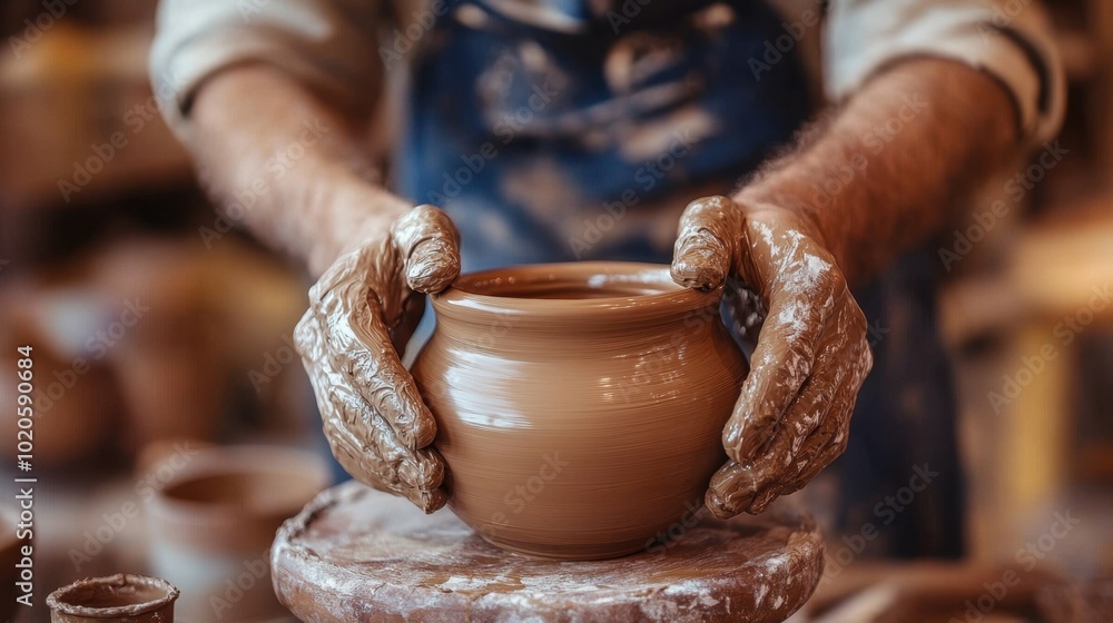 The process of shaping clay in a pottery studio, with tools and materials visible, creating a calm and artistic vibe of handcrafted ceramics The process of shaping clay in a pottery studio, with tools and materials visible, creating a calm and artistic vibe of handcrafted ceramics