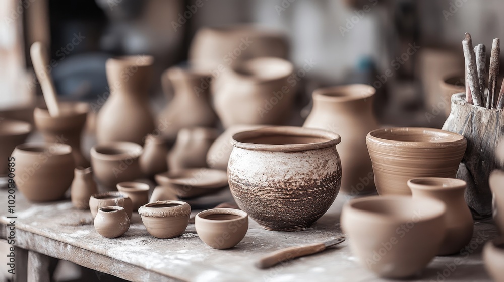 The process of shaping clay in a pottery studio, with tools and materials visible, creating a calm and artistic vibe of handcrafted ceramics The process of shaping clay in a pottery studio, with tools and materials visible, creating a calm and artistic vibe of handcrafted ceramics