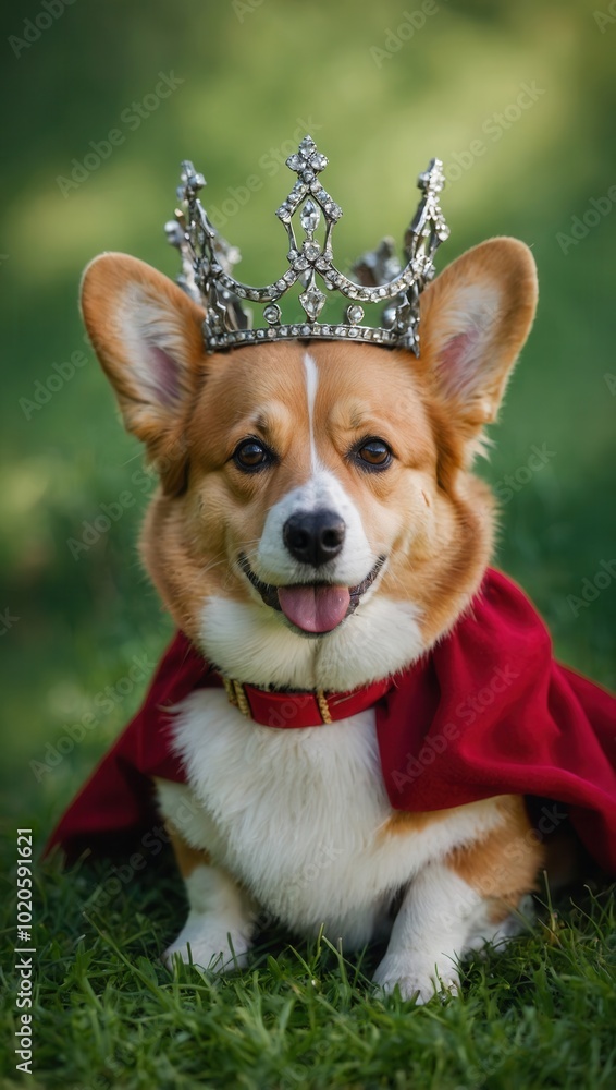 Corgi with silver crown and red cape sitting on grass looking happy Corgi with silver crown and red cape sitting on grass looking happy