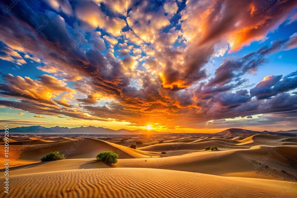 Naklejka premium A stunning sunset over the desert, showcasing vibrant colors and beautiful sand dunes under a dramatic sky.