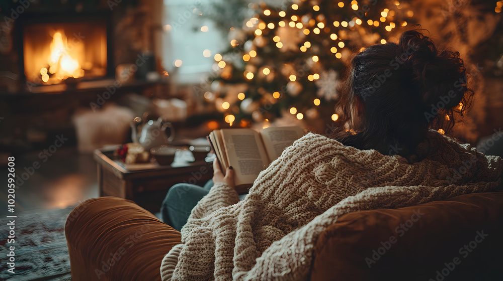 Obraz premium Cozy evening reading by a glowing fireplace while enjoying a beautifully decorated Christmas tree