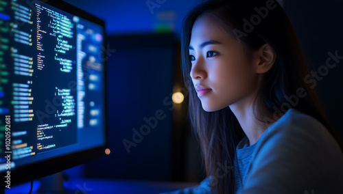 Focused Female Programmer Writing Code Late at Night, Illustrating Software Development and the Technology Industry's Demanding Nature