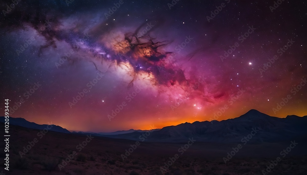 The Milky Way stretches across the sky, illuminated by vibrant colors. Snow-capped mountains and distant lights add to the dramatic scene. The Milky Way stretches across the sky, illuminated by vibrant colors. Snow-capped mountains and distant lights add to the dramatic scene.