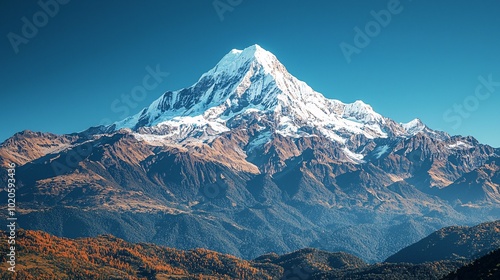 Majestic Snow-Capped Mountain Peak in Vibrant Colors under Clear Blue Sky - High-Resolution Photography