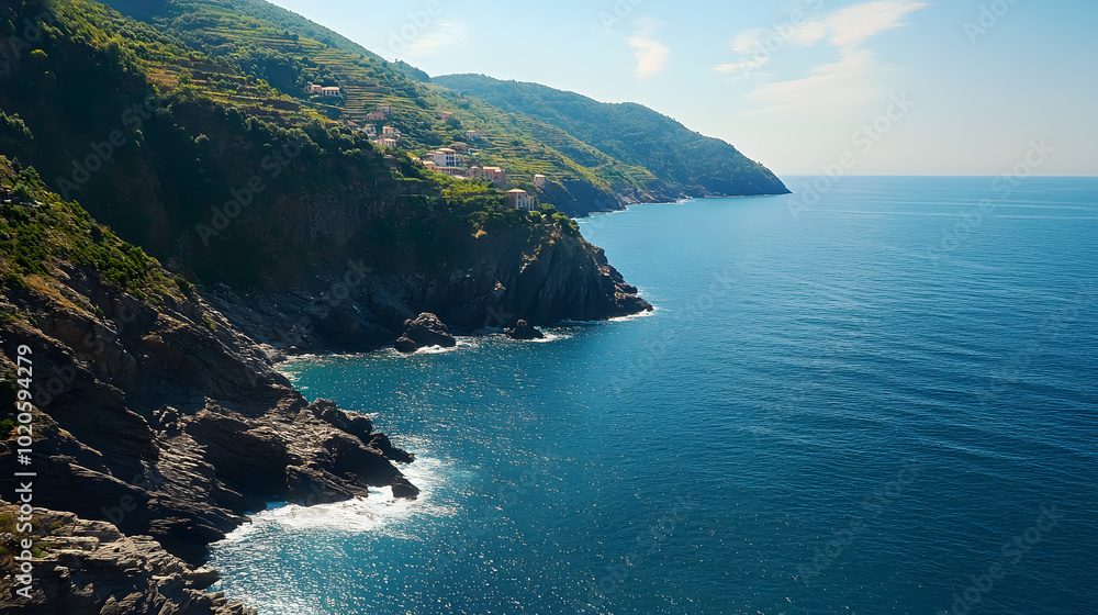 Fototapeta premium Cinque Terre National Park, Italy: A picturesque scene of the colorful cliffside villages in Cinque Terre National Park, Italy, with a stunning coastal backdrop.