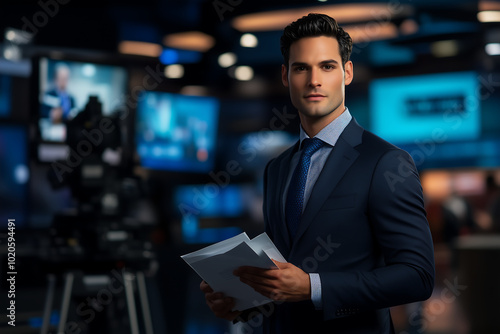 News Anchor in a Studio Setting Holding Papers and Preparing for a Broadcast in a Modern Newsroom